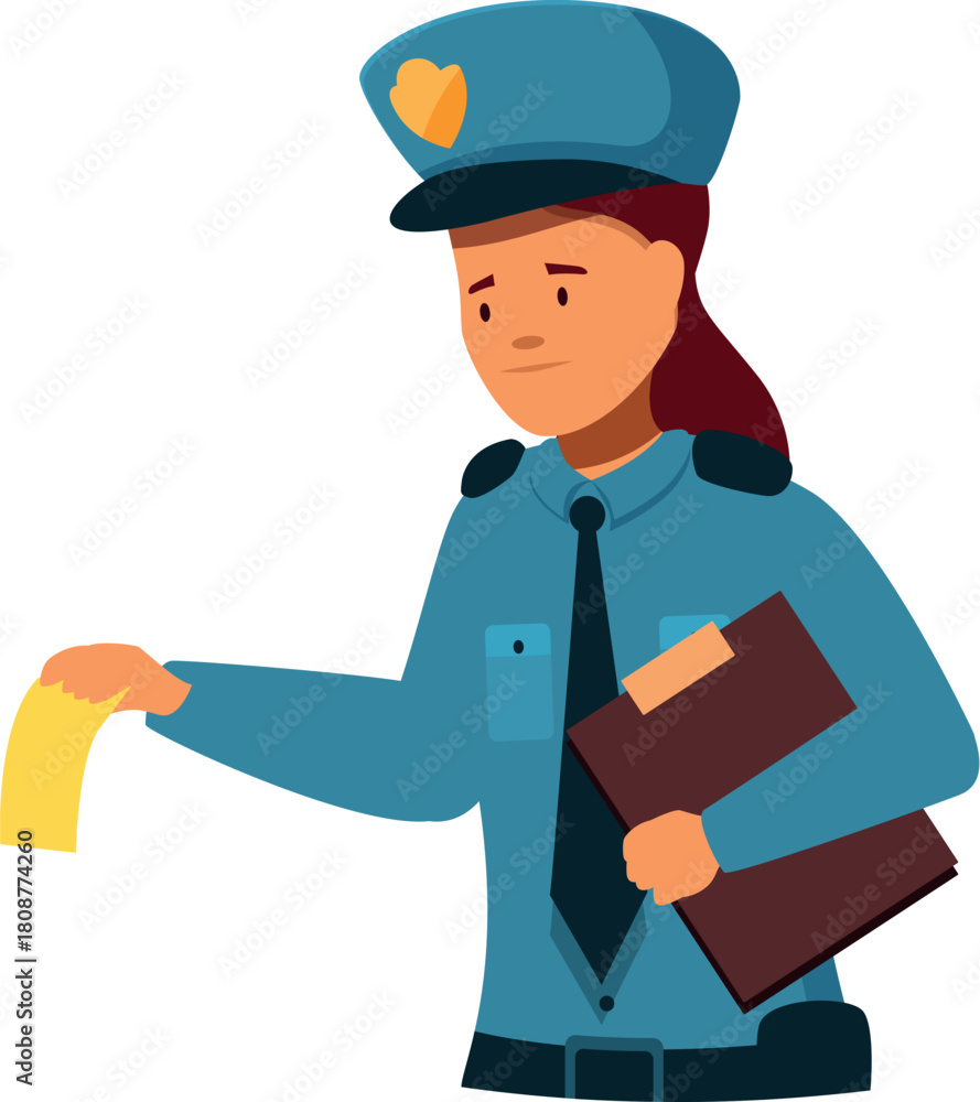 Naklejka premium Policewoman issuing a ticket for a traffic violation, holding a folder, law enforcement concept