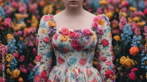 Wallpaper Mural A woman stands among vibrant flowers, wearing a floral dress adorned with colorful blooms, creating a harmonious blend of fashion and nature. Torontodigital.ca