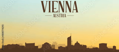 Panoramic poster of the city skyline with misty background buildings, hills sunrise, sunset and clouds of VIENNA, AUSTRIA