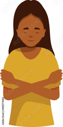 Peaceful young woman is embracing herself with closed eyes and crossed arms, demonstrating self love, care, and confidence
