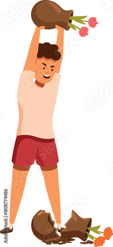 Child breaking a vase with flowers, expressing anger and frustration