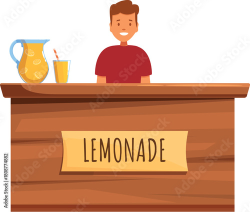 Smiling boy running lemonade stand with pitcher, glass and sign