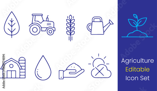 Agriculture line icons, leaf, tractor, wheat, barn, water drop, soil, plant growth, thin outline, white background vector.