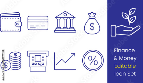 Finance and money line icons, wallet, bank, credit card, coin, ATM, chart, investment, outline style, clean thin strokes, white background vector.