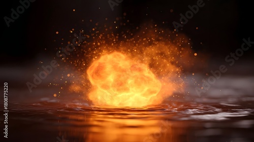 A dynamic fiery explosion erupts from a dark water surface scattering glowing embers and smoke