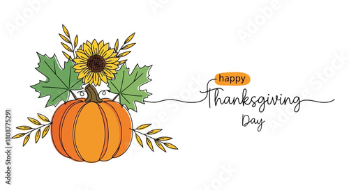 Happy thanksgiving day illustration with pumpkin, sunflower, and autumn leaves on