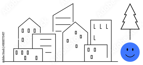 Urban skyline. Minimalist city skyline illustration simple buildings, a pine tree, and a playful happy face. Urban development concept suitable for environmental , architecture visuals, city planning