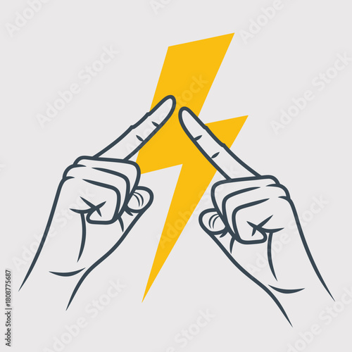 Two hands are positioned to form a lightning bolt, symbolizing energy and power, showcasing dynamic movements and creativity in a striking graphic illustration.