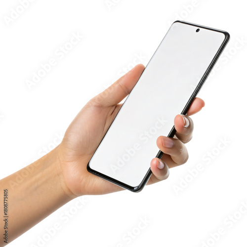 Hand holding modern phone with blank white screen