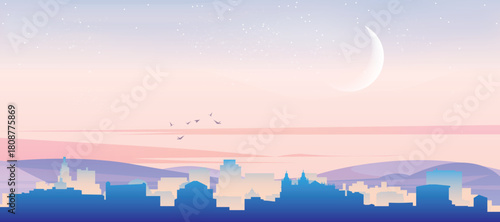 Panoramic poster of the city skyline with misty background buildings, hills sunrise, sunset and clouds of LISBON, PORTUGAL