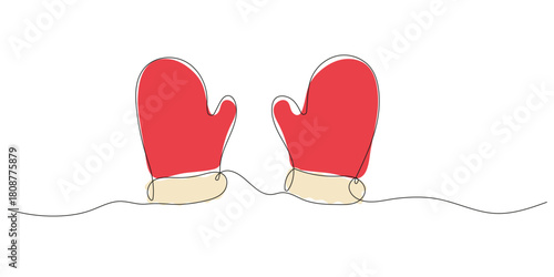 Continuous line drawing of winter mittens on a white background. Christmas illustration, lineart, one line drawing of winter clothing.