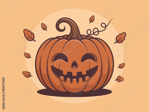 A cheerful pumpkin with a broad smile, surrounded by swirling autumn leaves, embodying the spirit of Halloween and fall festivities in a playful and charming style.