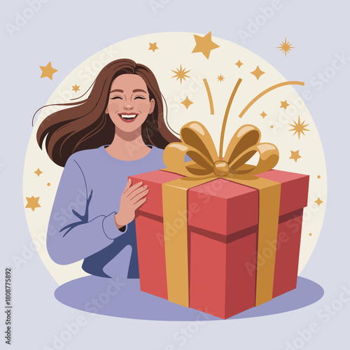 A joyful woman opening a colorful gift box, embodying the excitement and happiness that comes with receiving a present, perfect for celebrations and special occasions.