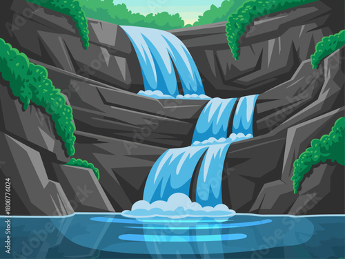 A beautiful illustration of a stylized waterfall cascading down rocks, surrounded by lush greenery, capturing the essence of nature's tranquility and beauty.