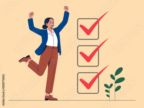 A joyful woman in a suit celebrates with enthusiasm for her accomplishments, showcasing a vibrant checklist and exuding positivity and success in a professional environment.