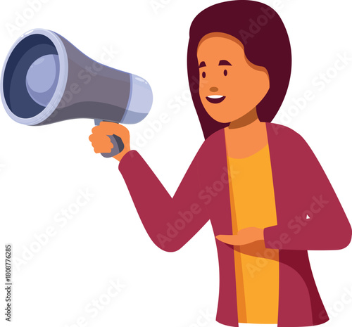 Smiling woman speaking through megaphone making public announcement sharing important information