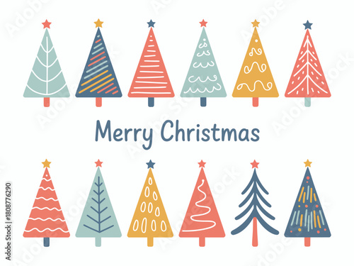 A collection of festive Christmas trees, adorned with colorful decorations and pattern, evoking the cheerful spirit of the holiday season and family gatherings.