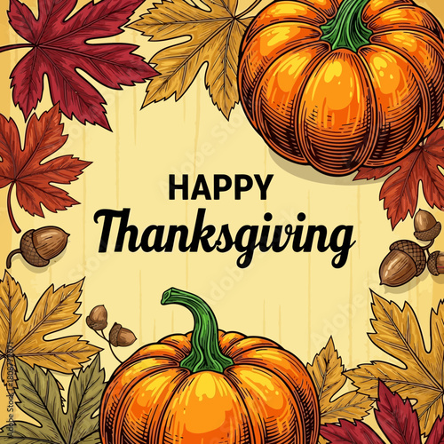 Happy thanksgiving with autumn leaves and pumpkins, festive holiday celebration, fall season, harvest time, family gathering