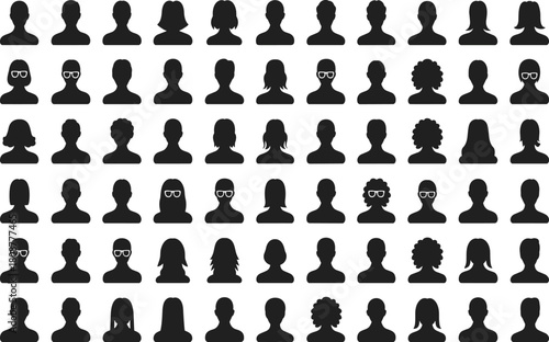 Human profile silhouette icon set, black avatar grid, diverse head shapes, selection concept, individuality design, social identity symbols