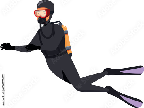 Diver wearing a wetsuit, mask, and scuba tank explores the underwater world