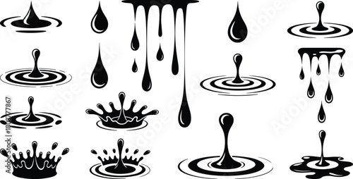 Liquid droplet, splash silhouette, fluid motion, water impact, ripple shape, falling drop, vector icon, black graphic, stylized splash, symmetrical design, fluid dynamics, abstract liquid, splash art,
