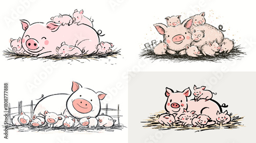 A cute cartoon illustration of a pig family cuddling together with playful piglets in a soft hand drawn style. Ideal for children themes, farm animals, nursery art, and educational materials.