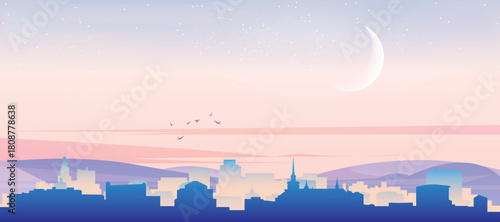 Panoramic poster of the city skyline with misty background buildings, hills sunrise, sunset and clouds of BRNO, CZECH REPUBLIC