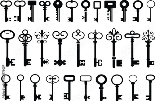 Vintage keys collection, antique key set, ornate metal keys, retro lock tools, steampunk accessories, historical key designs, decorative elements