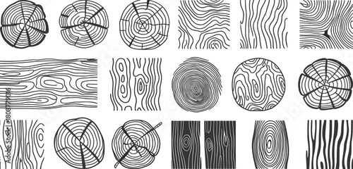 Tree ring illustrations, wood texture set, black and white grain patterns, nature graphics, rustic design elements, forest growth visuals