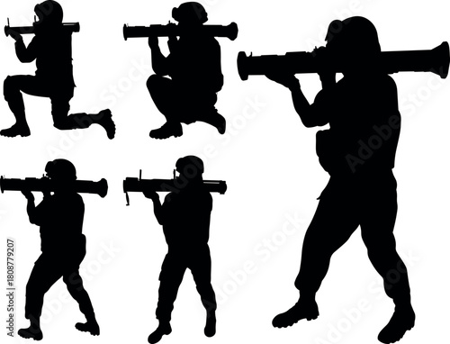 Silhouette set of soldiers aiming rocket launchers in various poses