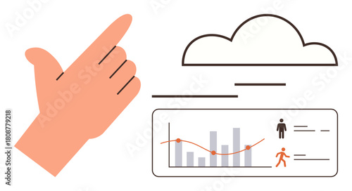 Hand motion interacting with cloud-based system, showcasing bar charts, trends, and user figures. Ideal for cloud computing, data analytics, IoT, AI, technology innovation and digital