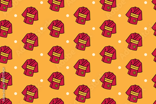 Kimono traditional cloth with dot colorful illustration seamless pattern on yellow background set for merchandise. Japanese yukata cartoon pattern background. Robe japan garment doodle vector motif