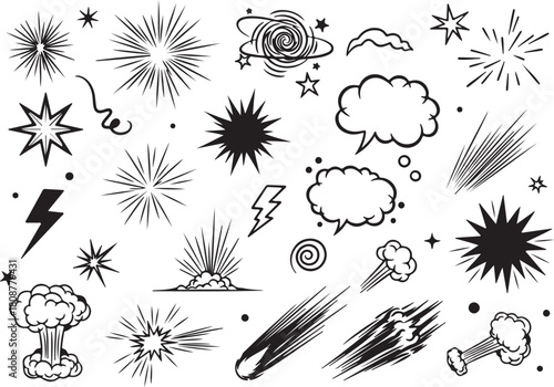 Hand drawn explosion and comic elements vector set