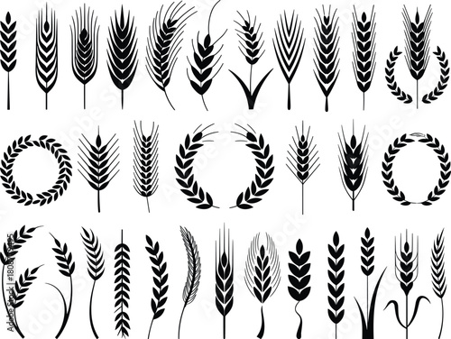 Wheat stalk and laurel wreath icons, black silhouette set, harvest symbols, victory emblems, agricultural design, nature vector elements