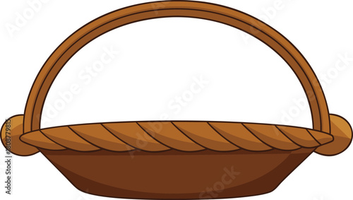 Empty woven wooden basket with curved handle isolated on white background