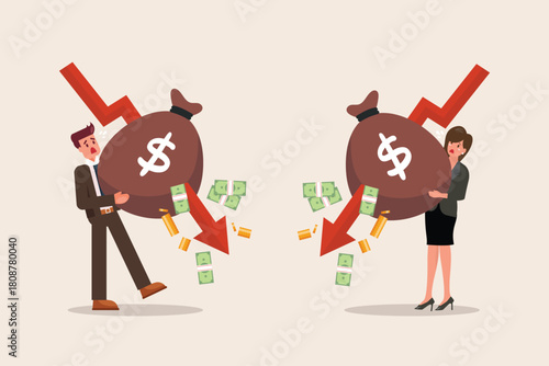 Arrow graphs fall down to attack the money bag carried by businessman and woman