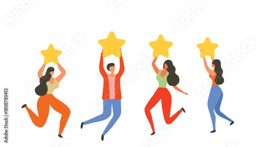Customer review woman gives 5 stars rating feedback icon and  level excellent rank to review the service vector illustration. User rating, customer satisfaction and feedback