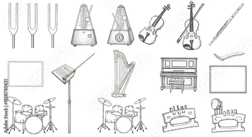 A detailed collection of hand-drawn musical instruments in a sketch style. Vector set featuring piano, violin, drums, harp, and classic orchestra equipment