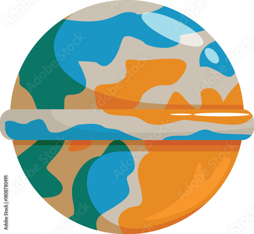 Colorful lollipop resembling earth, featuring blue, green, orange, and beige swirls, ideal for projects related to sweets, treats, earth day, or global themes