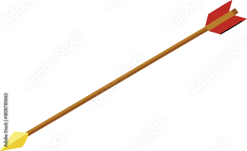 A single wooden arrow with red and yellow fletching and a yellow tip