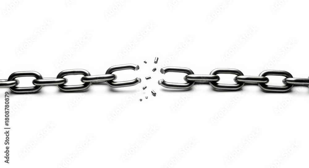 Obraz premium Broken metal chain with fragments exploding outward. Concept of freedom from slavery and breaking free from oppression for International Day for the Abolition of Slavery.