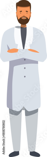 Muslim doctor wearing lab coat is crossing his arms and smiling