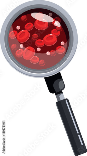 Magnifying glass showing red blood cells, exploring blood composition, aiding in medical research and healthcare diagnostics