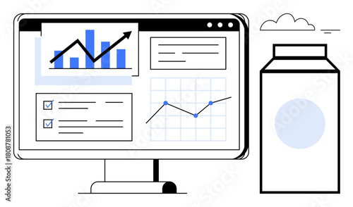 Data analytics in graphs and charts on a digital dashboard. Data analytics tools for monitoring trends, performance, and metrics. Data analytics for business, finance, research, and productivity