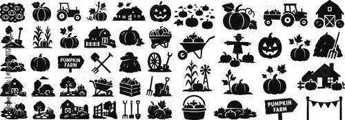 Pumpkin Farm Silhouette Icons – North Carolina Autumn Harvest – On White Background