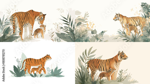 A soft watercolor illustration of a tiger and cub surrounded by lush foliage in calming natural tones. Perfect for wildlife themes, nature decor, conservation art, and gentle botanical designs.