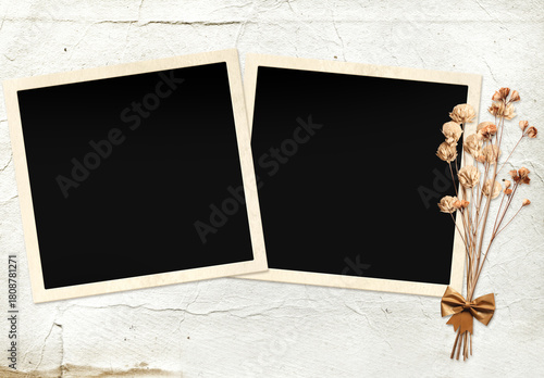 Vintage album page with retro photo frame. Retro background with old blank photo, dry pressed leaves and flowers on paper texture. Nostalgic scrapbooking style. Mock up template. Copy space for text