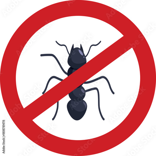 Red prohibition sign crossed over a black ant, representing pest control and the prevention of infestations