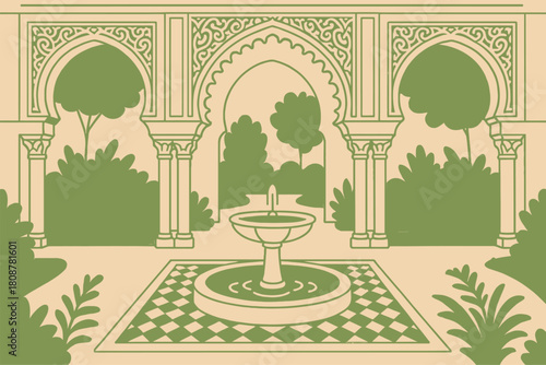 Clean Minimal Andalus Courtyard Architecture With Fountain Arch And Garden Elements