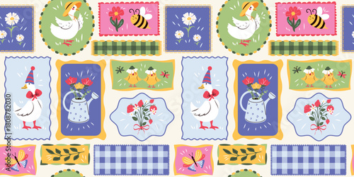 Fashionable seamless pattern. Patchwork quilt. Set of spring elements and funny characters. Vector design for fabric, wallpaper, wrapping paper, and more.